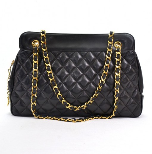 Chanel Chanel Black Quilted Leather Tote Shoulder Bag Gold