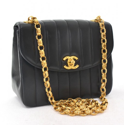 Chanel Vintage Chanel Black Vertical Stitch Leather Shoulder Bag with