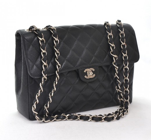 Chanel Black Caviar Quilted Leather Shoulder Jumbo Bag Silver Chain CC SS639
