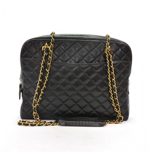 Chanel Vintage Chanel Black Quilted Leather Tote Shoulder Bag Gold