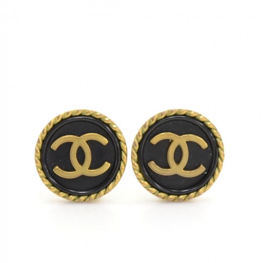 Chanel CC Black Leather Earrings Matte Gold Tone 12P – Coco