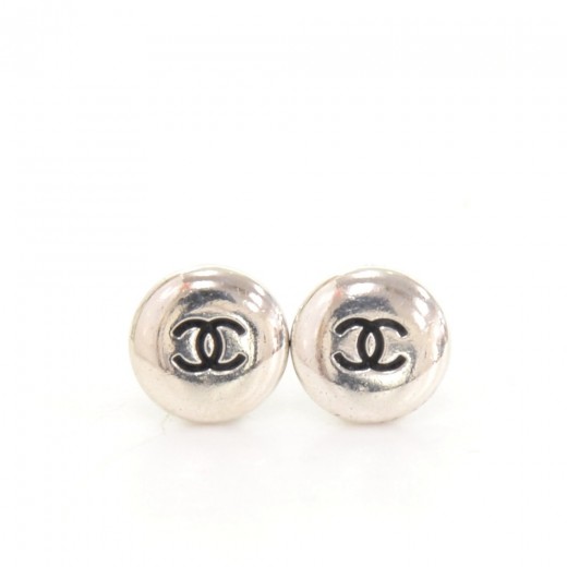 Chanel Round Black Leather Crystal Logo Pierced Earrings 22A