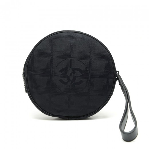 Chanel Chanel Travel Line Black Jacquard Nylon Round Pouch Hand Bag