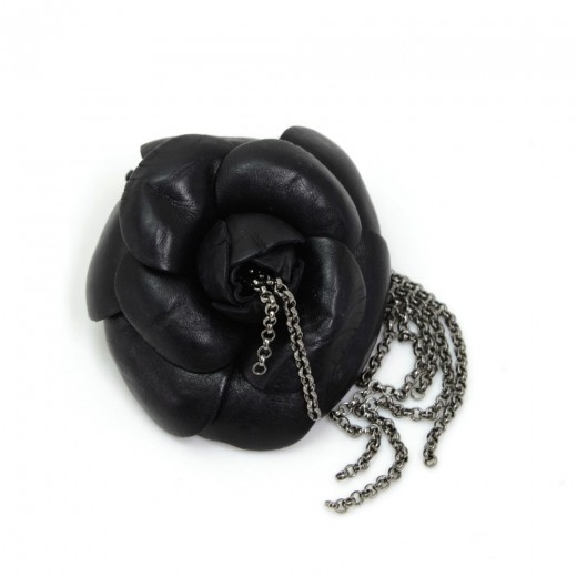 Chanel Chanel Black Leather Camellia Flower Fringe Brooch Pin