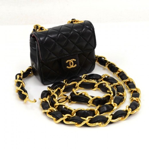 Chanel Vintage Chanel Black Leather Gold Tone Chain Belt + Mini Bag