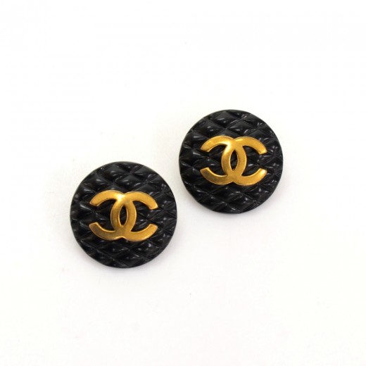 Chanel Vintage Chanel Black x Gold Tone CC Logo Large Round Earring