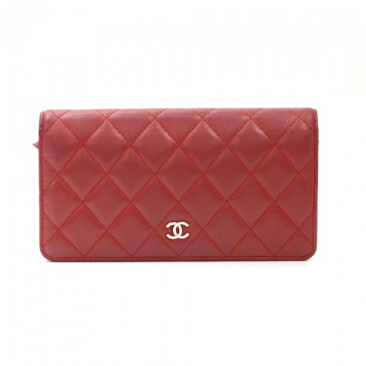 Chanel Chanel Red Quilted Lambskin Leather Bi-fold Long Wallet