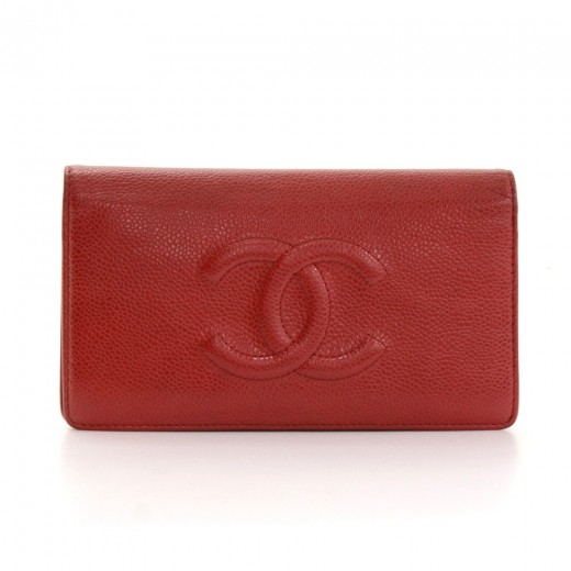 Chanel Chanel Red Caviar Leather Bi-fold Long Wallet