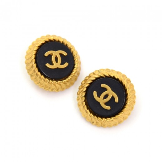 Chanel Vintage Chanel Black x Gold Tone CC Logo Large Round Earring