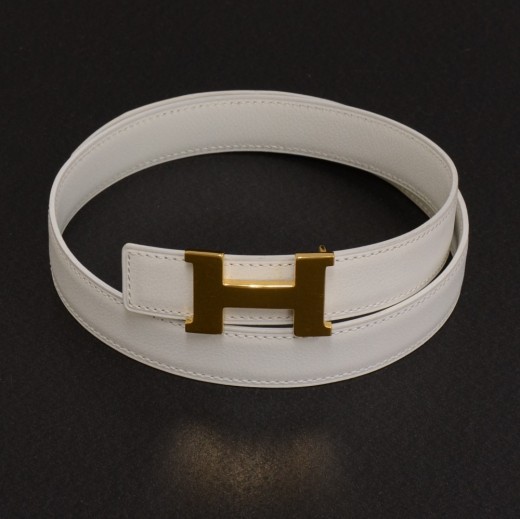 Hermes Hermes White Leather x Gold Tone H Buckle Belt Size 65