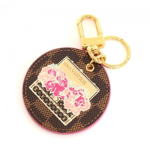 Louis Vuitton Illustre Pink Posies Ebene Damier Gold Tone Key Chain / Holder