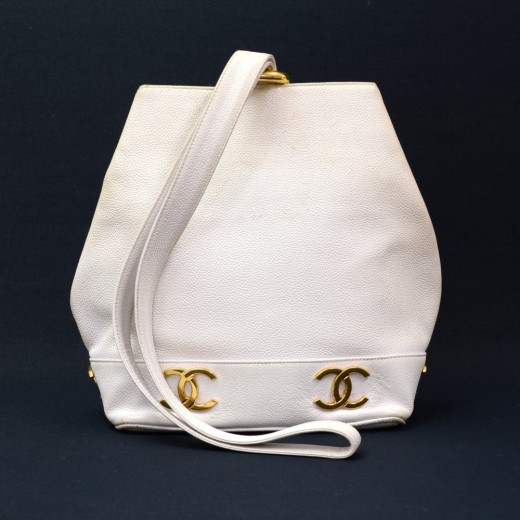 Chanel Vintage Chanel White Caviar Leather Large Bucket Shoulder Bag