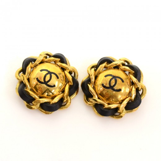 Chanel Vintage Chanel Gold Tone x Black Leather Large Round Earrings