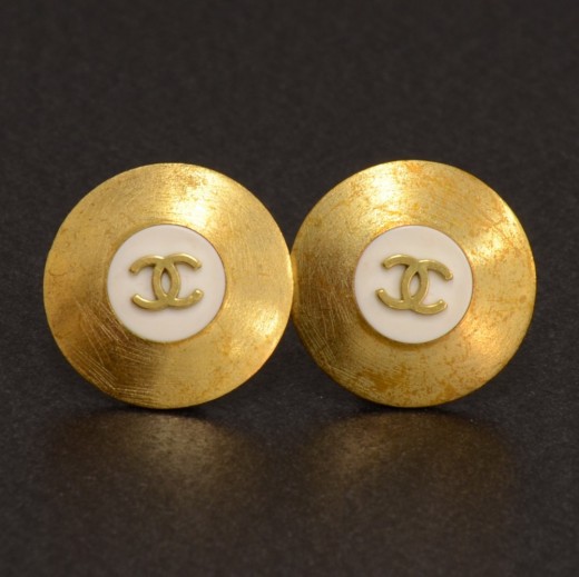 Chanel Vintage Chanel White x Gold Tone CC Logo Large Round Earrings