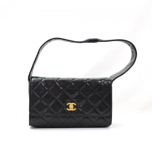 Vintage Chanel Black Quilted Leather Hard Boxy Vanity Case w Strap Card  Dust Bag