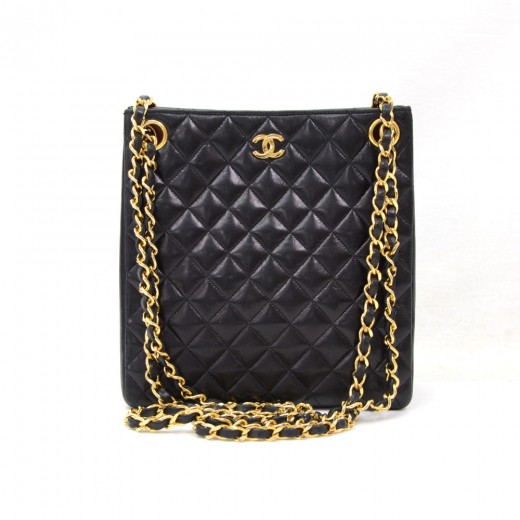 Chanel Vintage Chanel 7inch Black Quilted Leather Small Tote Bag