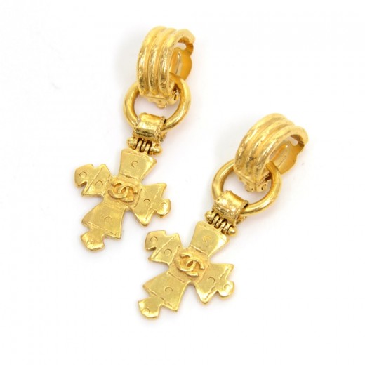 Chanel Vintage Chanel Gold Tone CC Logo Cross Dangling Earrings