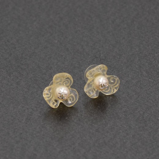 SALE Chanel Earrings Floral Pearl Signed Translucent Gold 