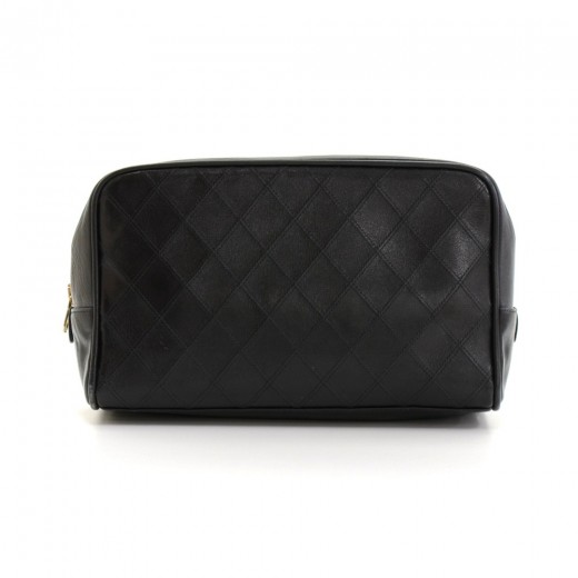 Chanel Vintage Chanel Black Leather Large Vanity Cosmetic Case Pouch