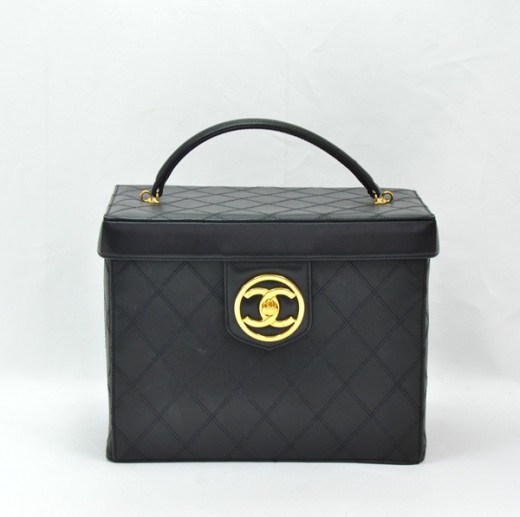 Chanel Chanel Black Leather Vanity Bag Cosmetic case box CC SS127