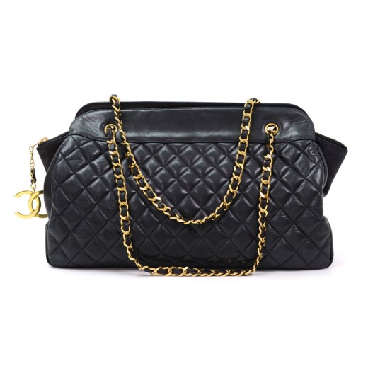 Chanel Vintage Chanel Black Quilted Leather Tote Shoulder Bag Large