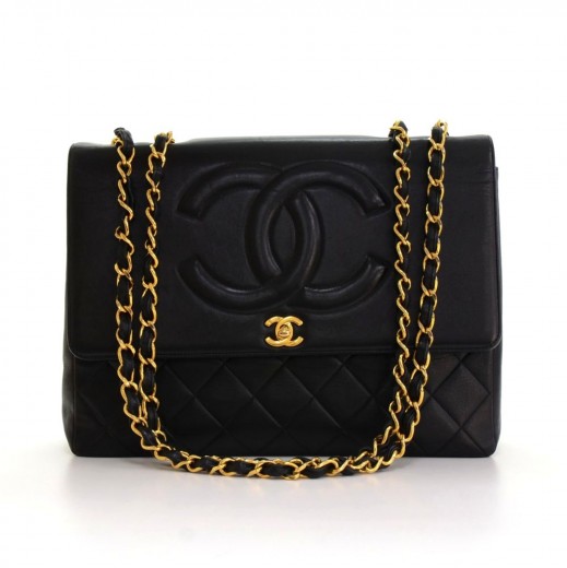 Chanel Vintage Chanel 13 Signature CC Maxi Jumbo Black Quilted