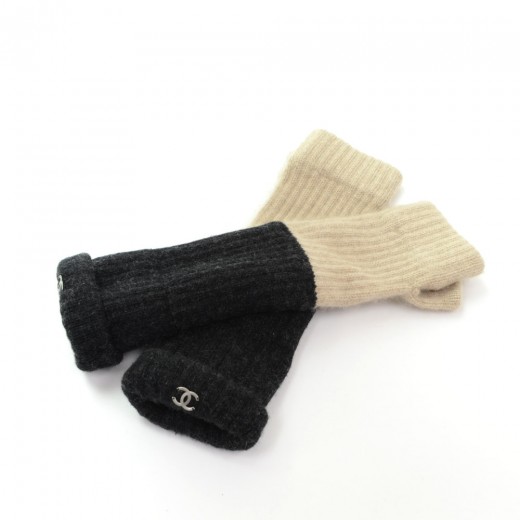 CHANEL Orylag Rabbit Fur Lambskin Fingerless Gloves 7 Black 399051