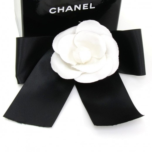 Chanel Chanel Black Ribbon x White Camellia Flower Brooch Pin