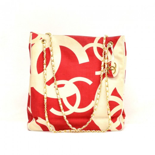 Chanel Vintage Chanel White x Red CC Logo Canvas Large Shoulder Tote