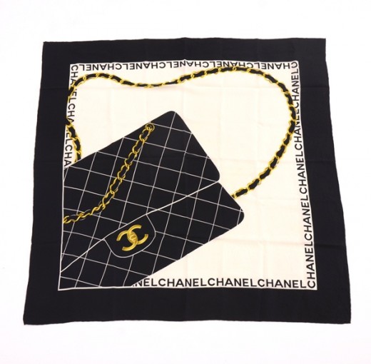 VINTAGE Chanel Logo White with Gold Chain Link Silk Scarf