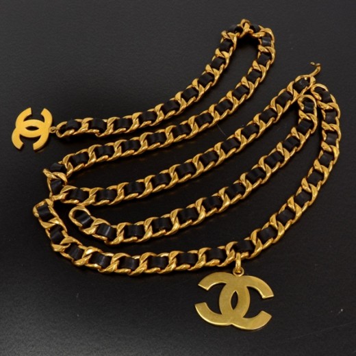 Chanel Vintage Chanel Gold Tone Chain x Black Leather Belt CC