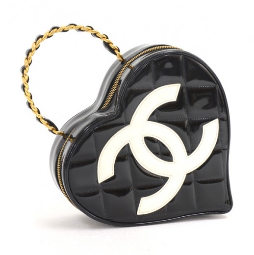 Chanel Vintage Chanel Black Patent Quilted Leather Heart Shaped Hand