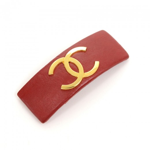 Chanel Chanel Red Leather x Gold Tone CC Logo Large Barrette Hair
