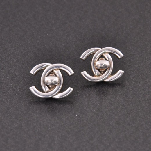 Chanel Vintage Chanel Silver Tone CC Logo Earrings