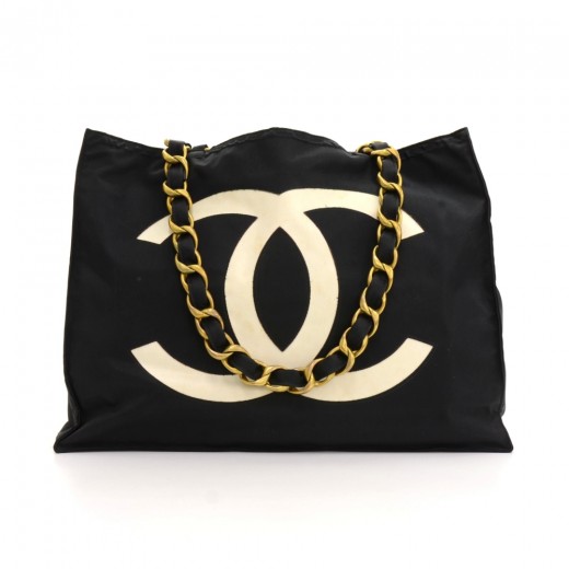 Chanel Vintage Chanel Jumbo XL Black Nylon Shoulder Shopping Tote Bag