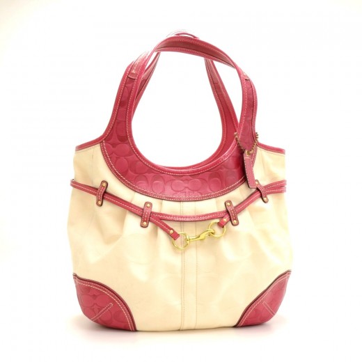 Others Coach White Canvas Pink Fuchsia Leather Large Tote Bag