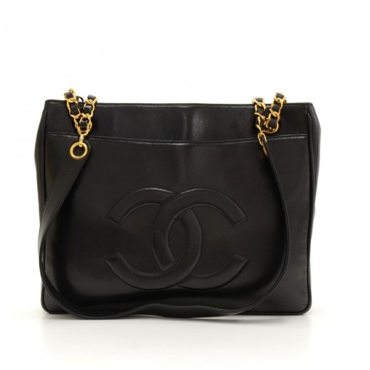 Chanel Vintage Chanel 12 Black Leather Large Shoulder Tote Bag