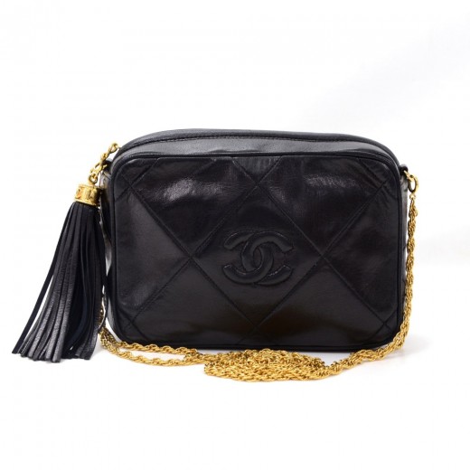 Chanel Vintage Chanel 7 Black Quilted Leather Fringe Shoulder