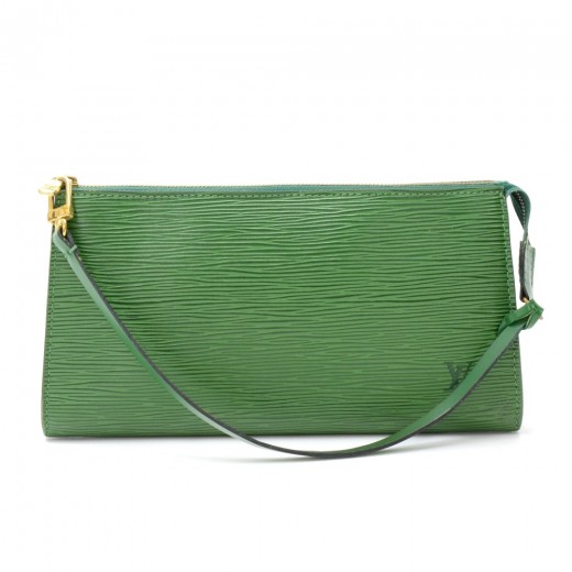 Vintage 90s LOUIS VUITTON LV Logo Green Epi Leather Pochette Pocket Bag  Clutch Pouch Top Handle Purse Shoulder Handbag