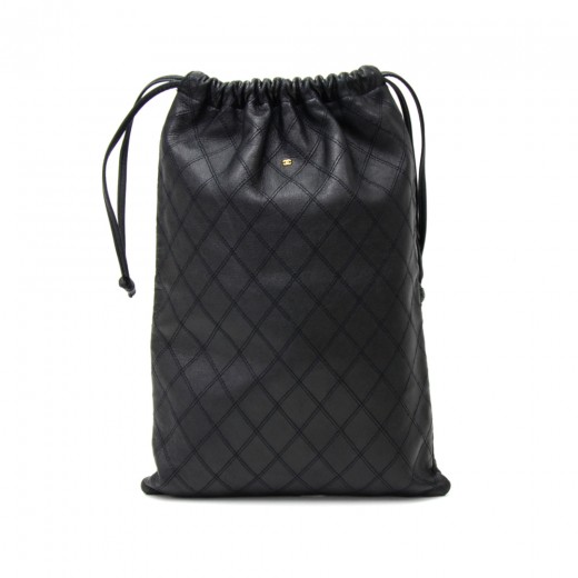 Chanel Vintage Chanel Black Quilted Leather String Bag
