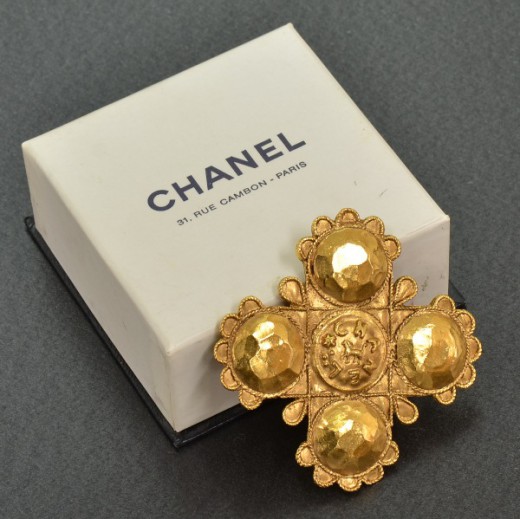 Chanel Pale Gold Tone Crystal CC Pin Brooch Chanel