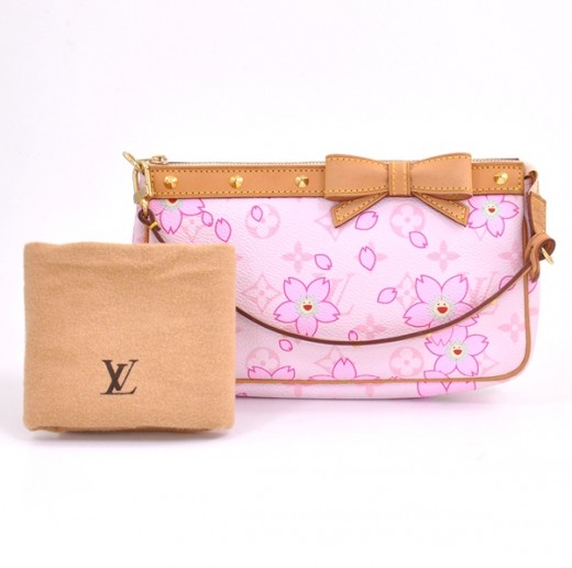 Louis Vuitton Cherry Blossom Canvas & Leather Pochette (33770) Cream & Pink  Baguette