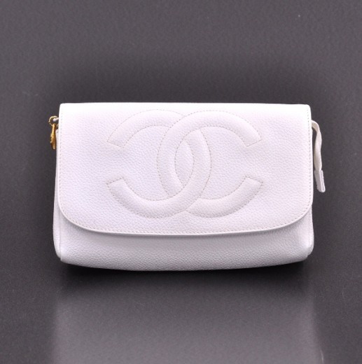Chanel Vintage Chanel White Caviar Cosmetic Leather Pouch With Mirror