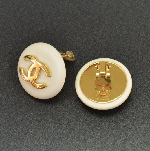 Chanel Chanel CC Logo White x Gold Tone Round Earrings SS236