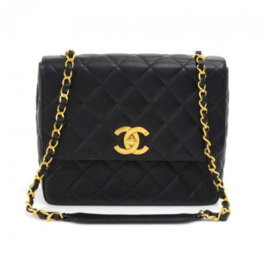 Rare Chanel Jumbo Black Quilted Caviar Leather Shoulder Flap Bag