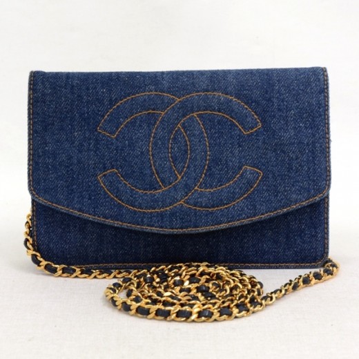 Chanel Chanel Blue Denim x Navy Leather Wallet On Chain Purse Gold ...
