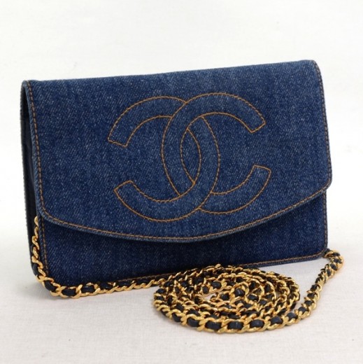 Chanel Chanel Blue Denim x Navy Leather Wallet On Chain Purse Gold