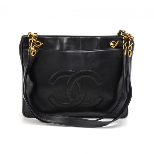 Chanel Chanel Black Lambskin Large CC Logo Chain Tote Bag