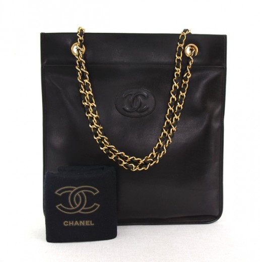 Chanel Vintage Chanel Black Leather Flat Shoulder Bag Gold CC