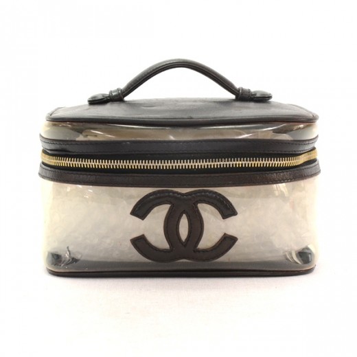 Chanel Vintage Chanel Black Leather x Vinyl Vanity Bag Cosmetic Case